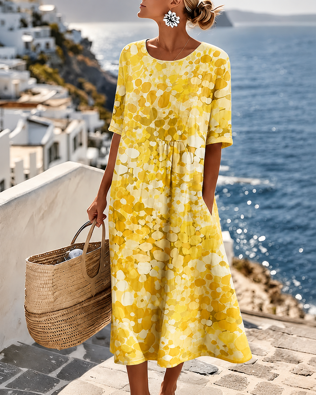 Robe Midi Imprimée Manches Courtes Femme