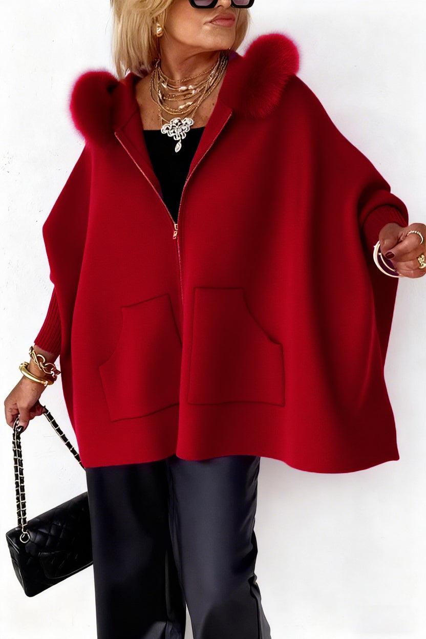 Cape Poncho Zippée à Capuche Effet Fourrure Femme