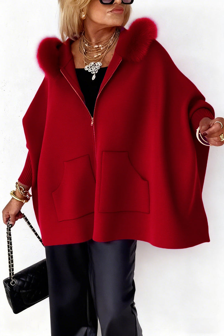 Cape Poncho Zippée à Capuche Effet Fourrure Femme