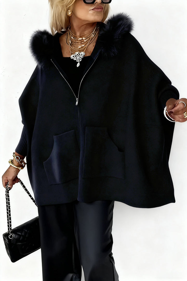 Cape Poncho Zippée à Capuche Effet Fourrure Femme