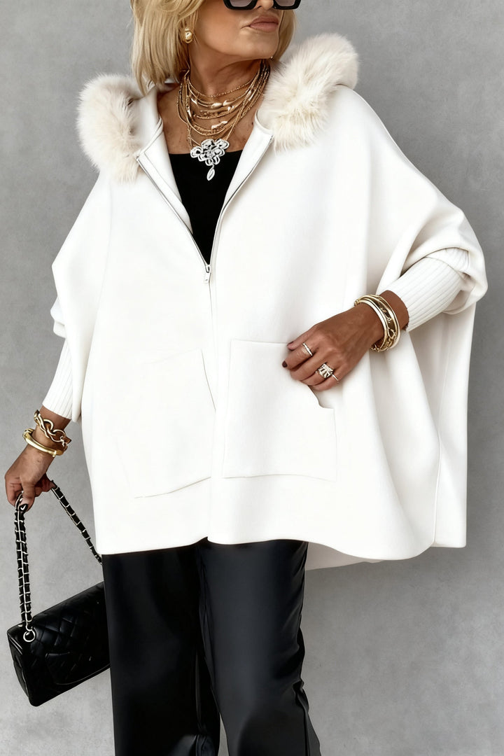 Cape Poncho Zippée à Capuche Effet Fourrure Femme