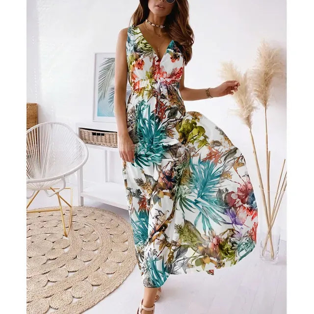 Robe Maxi Tropicale Sans Manches Femme