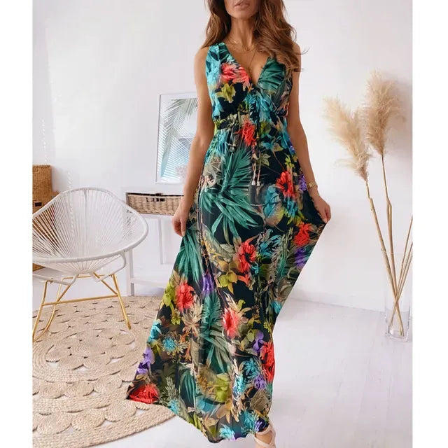 Robe Maxi Tropicale Sans Manches Femme