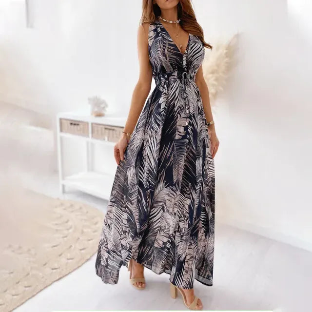 Robe Maxi Tropicale Sans Manches Femme