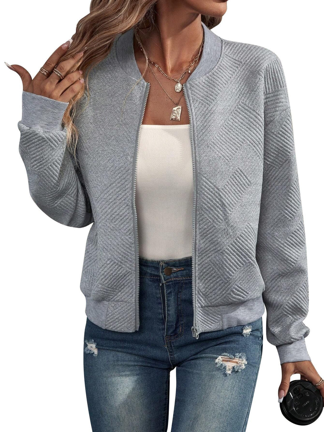 Blouson Bomber Texturé Zippé Femme