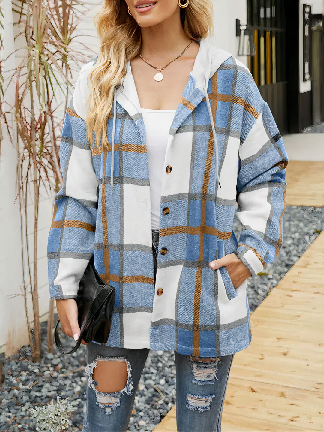 Gilet à Capuche à Carreaux Femme