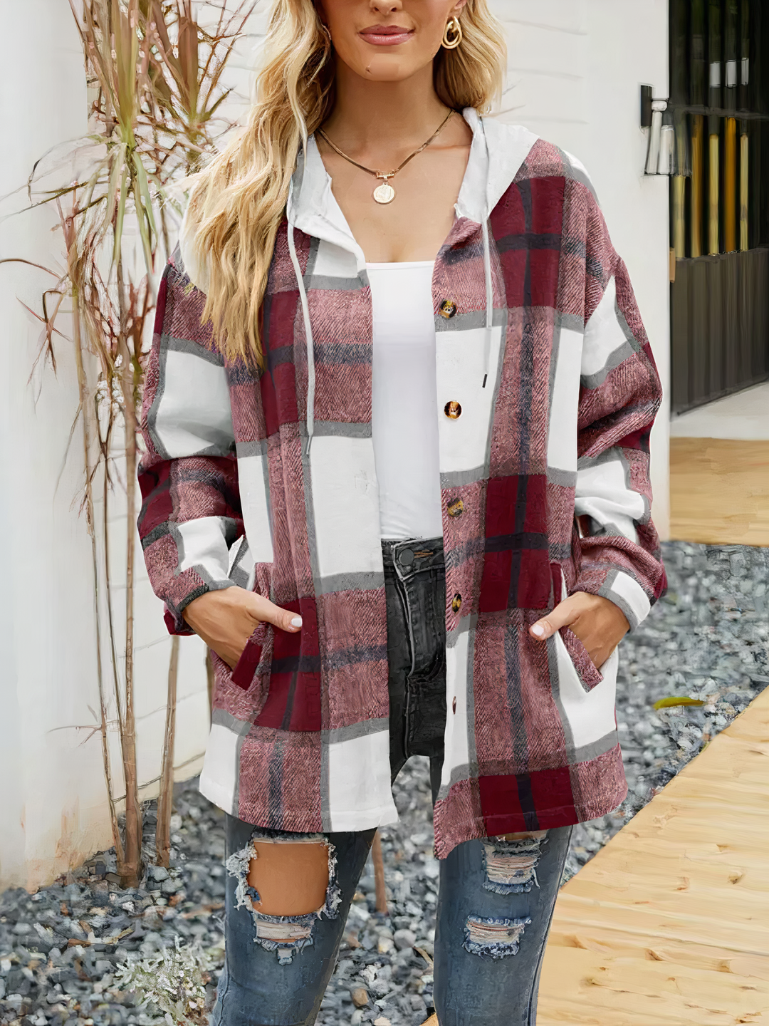 Gilet à Capuche à Carreaux Femme