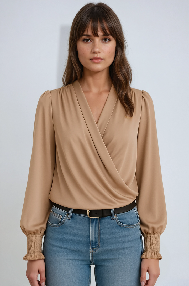 Blouse Cache-Cœur Fluide à Manches Longues Femme