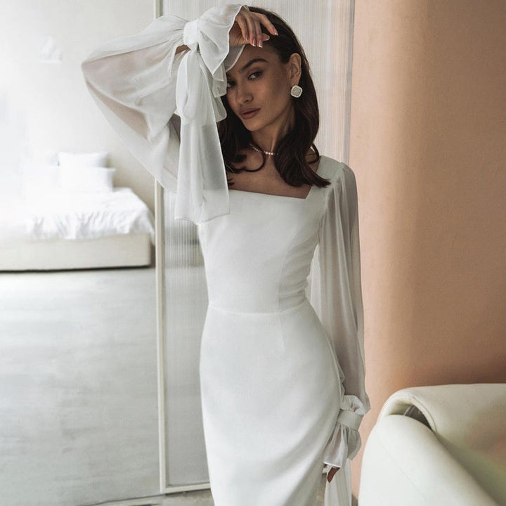 Robe Longue à Encolure Carrée Manches Bouffantes Femme