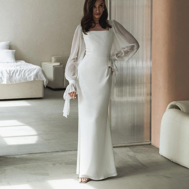 Robe Longue à Encolure Carrée Manches Bouffantes Femme