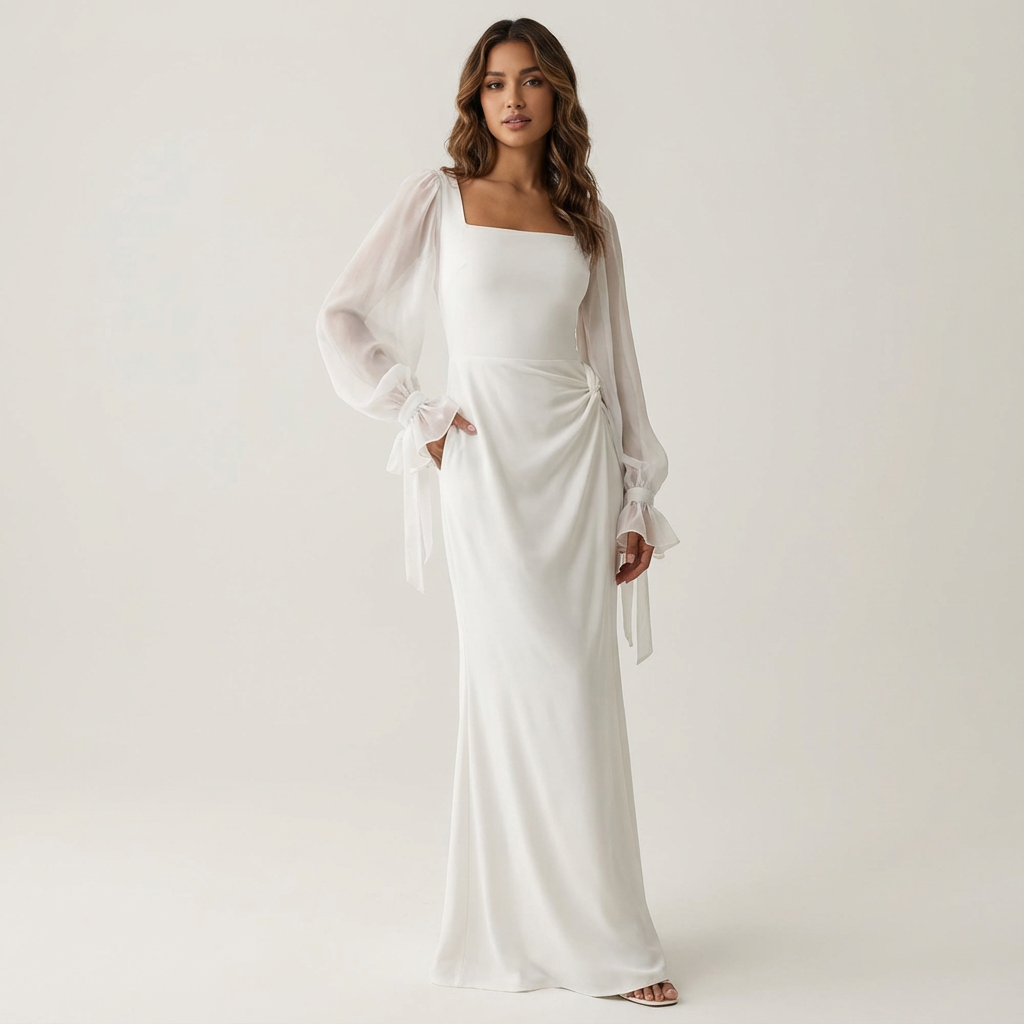 Robe Longue à Encolure Carrée Manches Bouffantes Femme