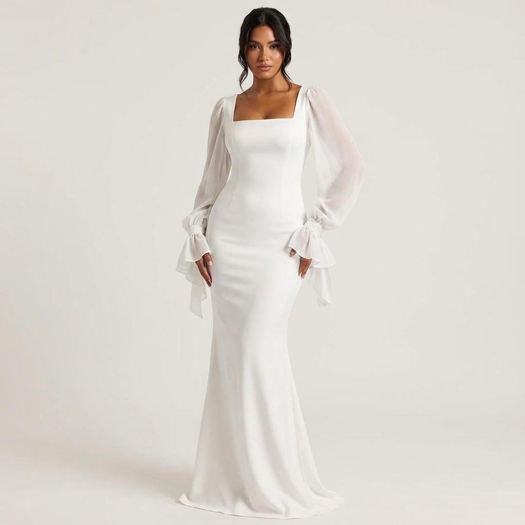 Robe Longue à Encolure Carrée Manches Bouffantes Femme