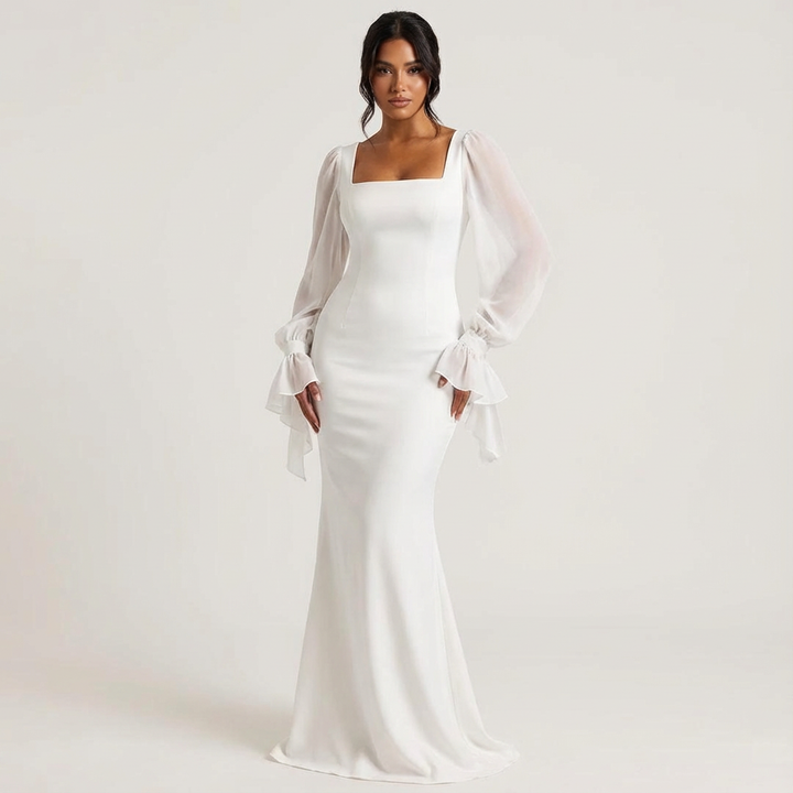 Robe Longue à Encolure Carrée Manches Bouffantes Femme
