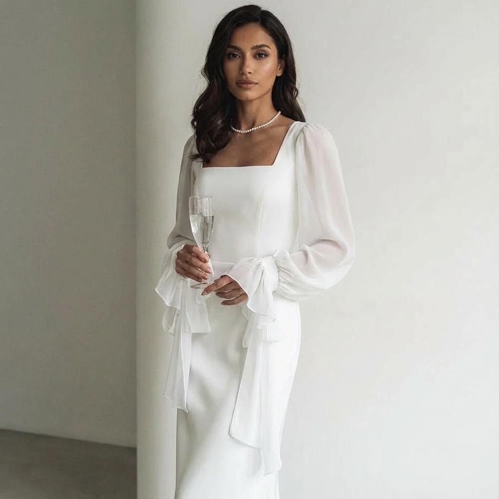 Robe Longue à Encolure Carrée Manches Bouffantes Femme