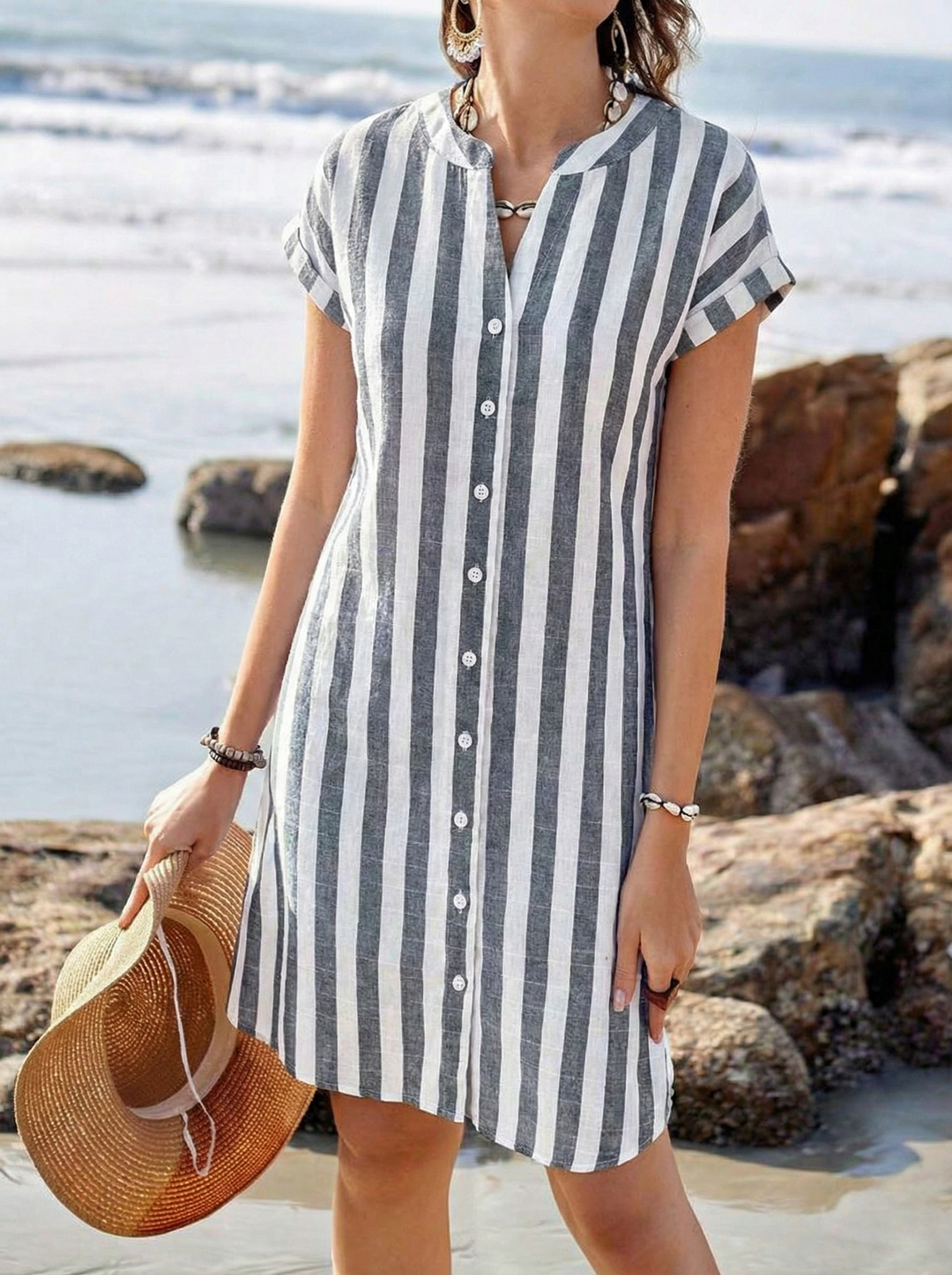Robe Chemise Rayée Manches Courtes Femme