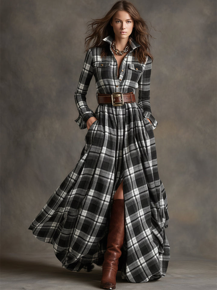 Robe Longue Chemise à Carreaux Femme