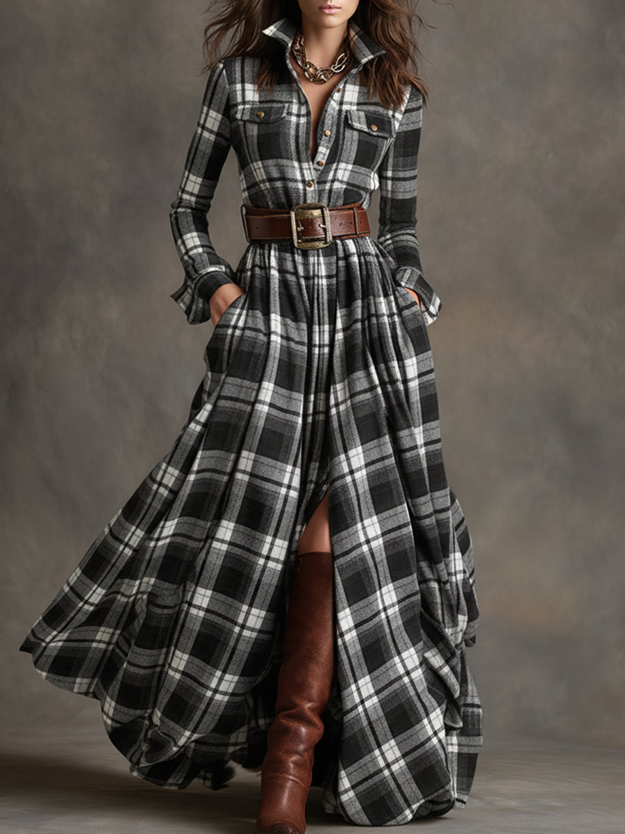 Robe Longue Chemise à Carreaux Femme
