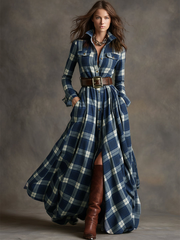 Robe Longue Chemise à Carreaux Femme