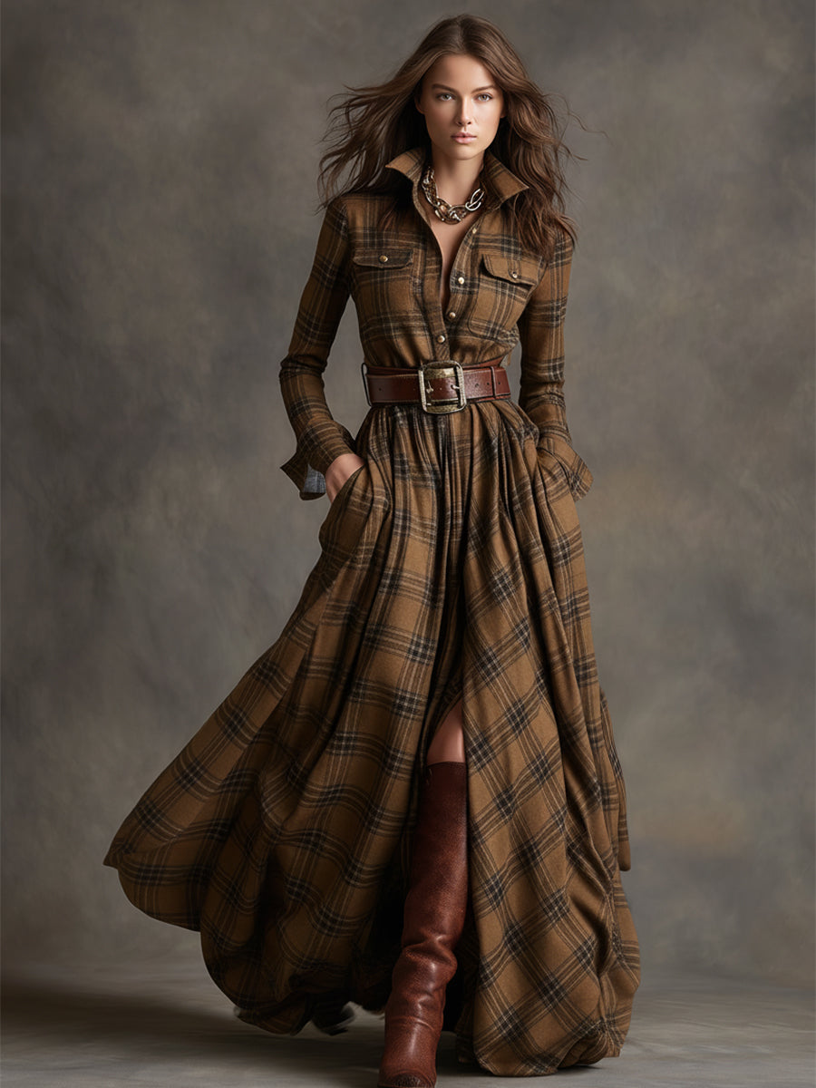 Robe Longue Chemise à Carreaux Femme