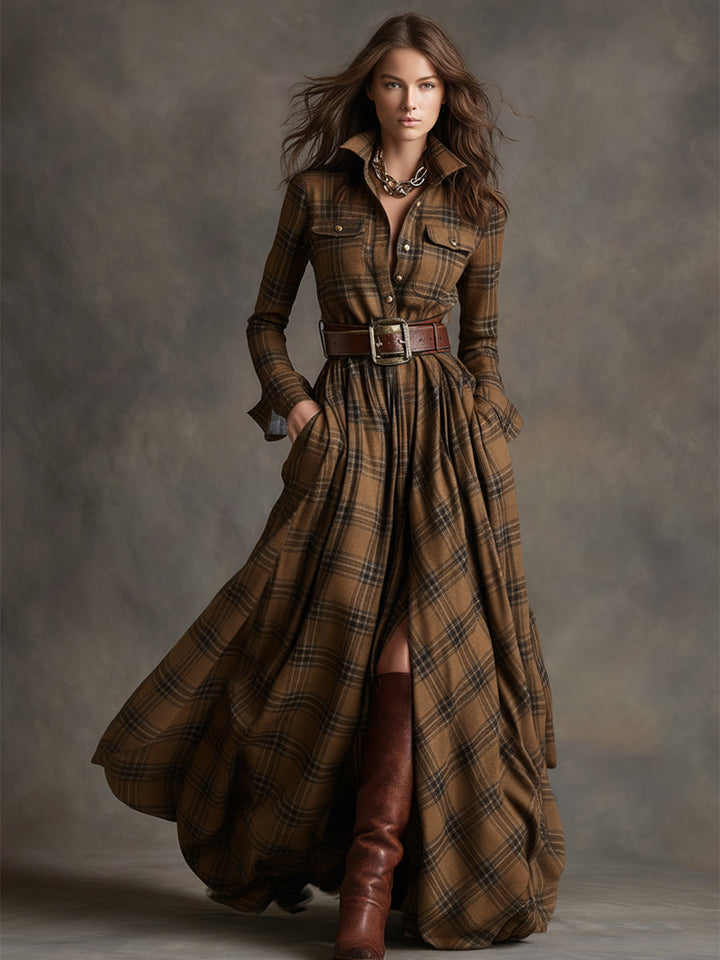 Robe Longue Chemise à Carreaux Femme