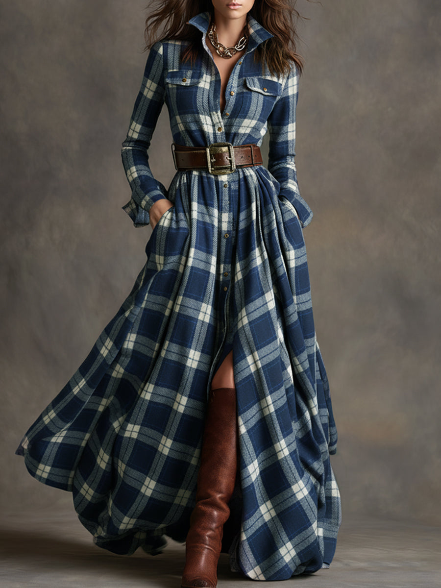 Robe Longue Chemise à Carreaux Femme