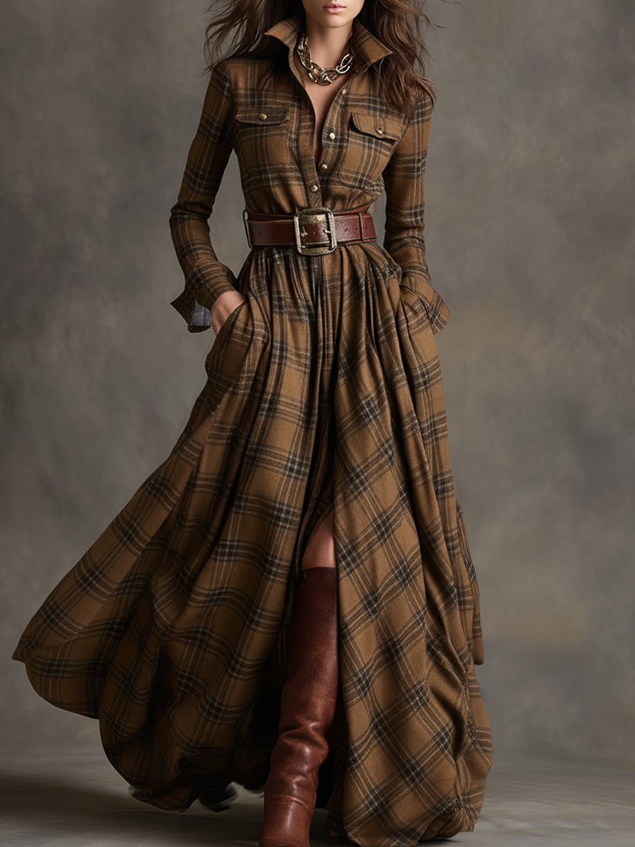 Robe Longue Chemise à Carreaux Femme