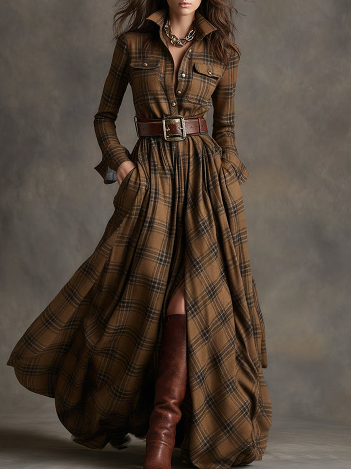 Robe Longue Chemise à Carreaux Femme
