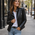 Women's Cropped Biker Jacket with Zips and Quilted Panels