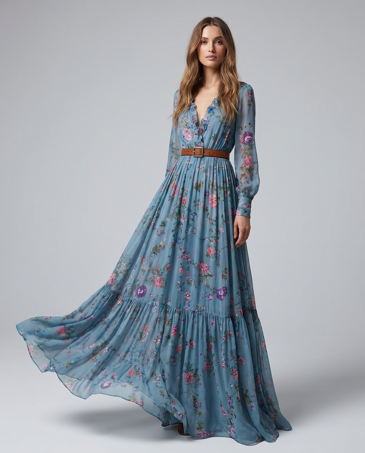 Robe Maxi Fleurie à Manches Longues Femme