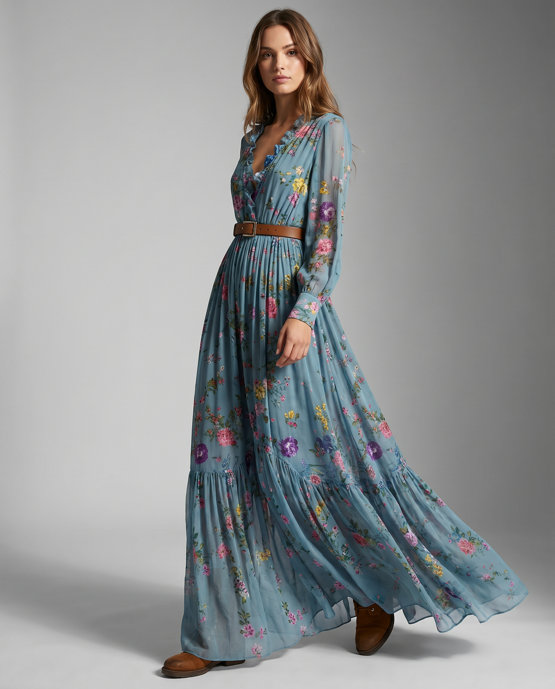 Robe Maxi Fleurie à Manches Longues Femme