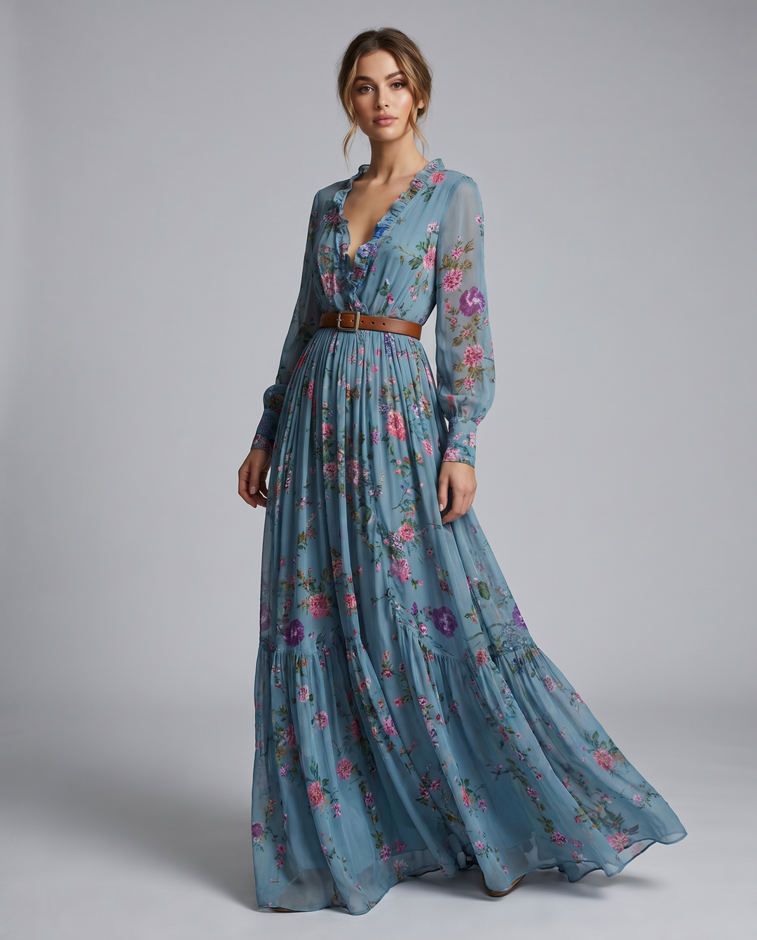 Robe Maxi Fleurie à Manches Longues Femme