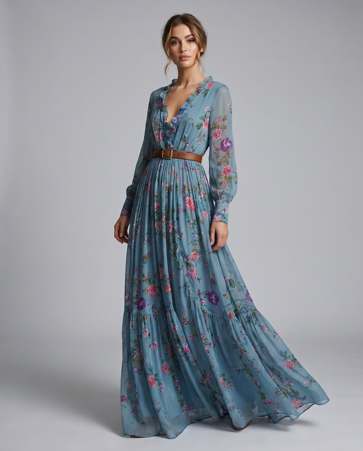Robe Maxi Fleurie à Manches Longues Femme