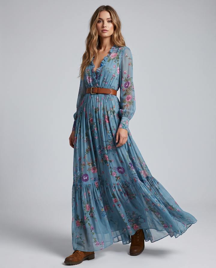 Robe Maxi Fleurie à Manches Longues Femme