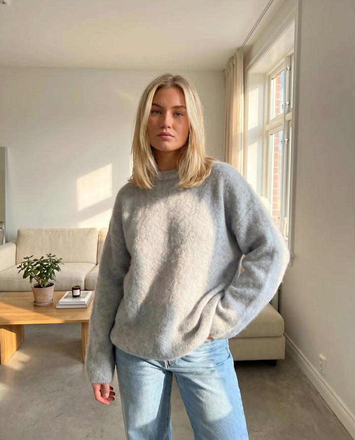 Pull Oversize Duveteux à Col Rond Femme