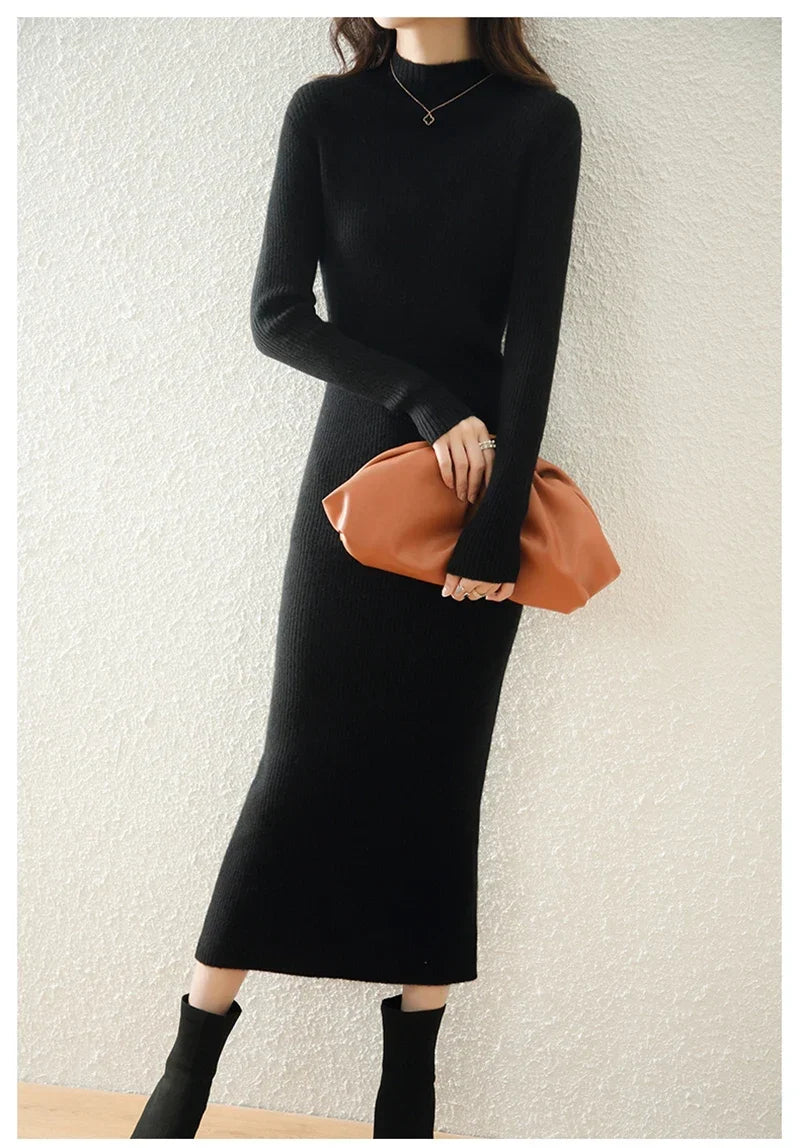 Robe Midi Côtelée col Montant Femme
