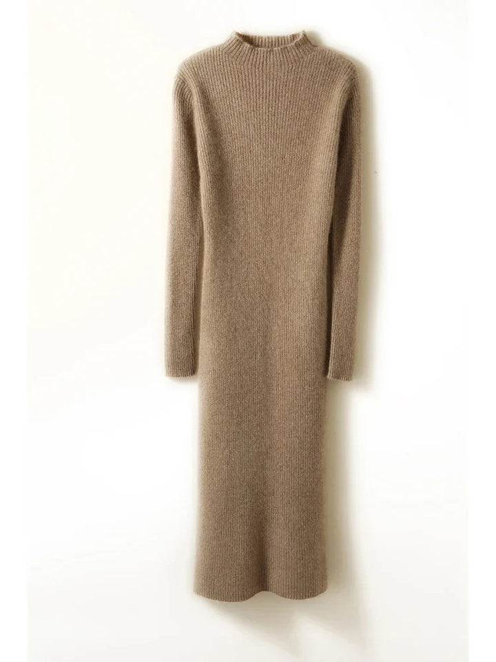 Robe Midi Côtelée col Montant Femme