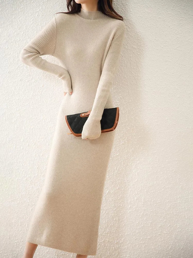Robe Midi Côtelée col Montant Femme