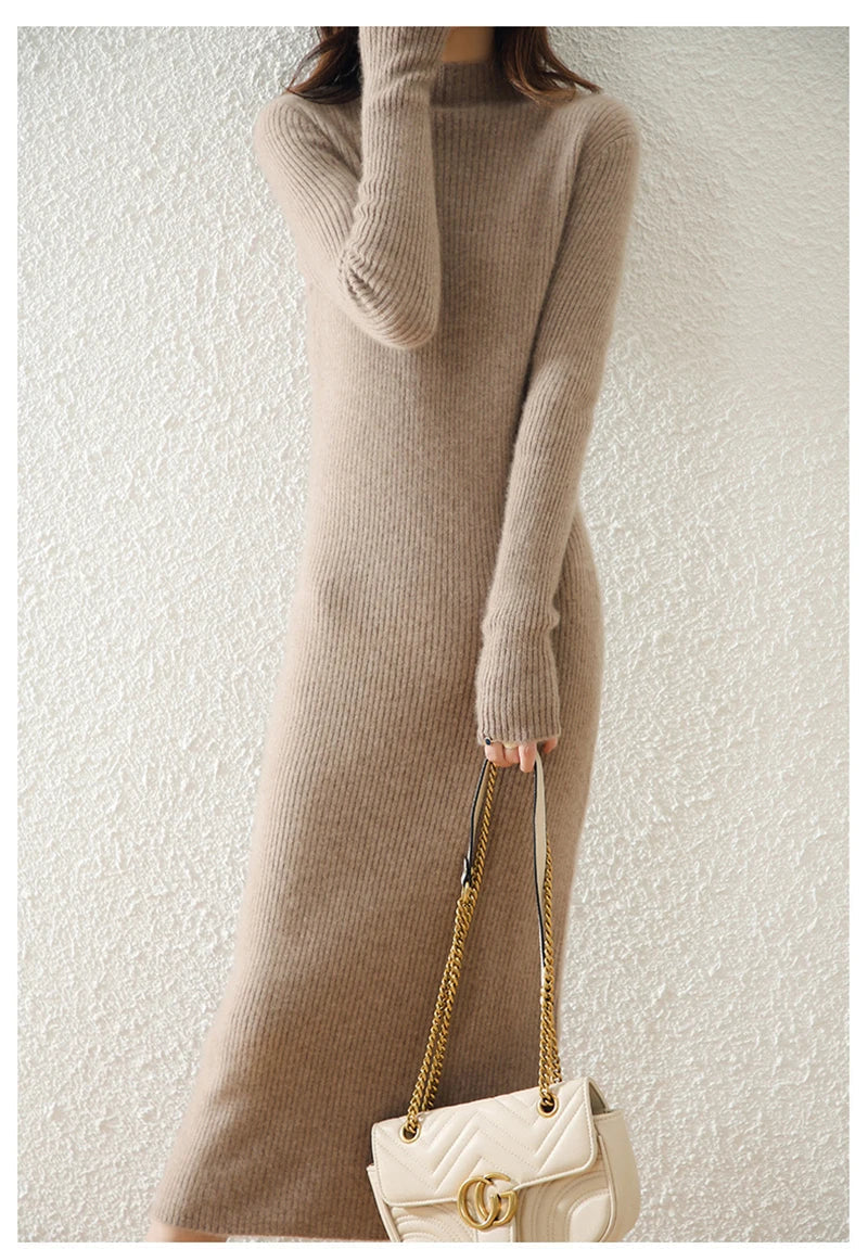 Robe Midi Côtelée col Montant Femme