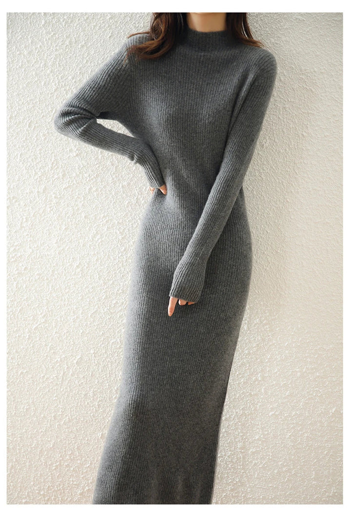 Robe Midi Côtelée col Montant Femme
