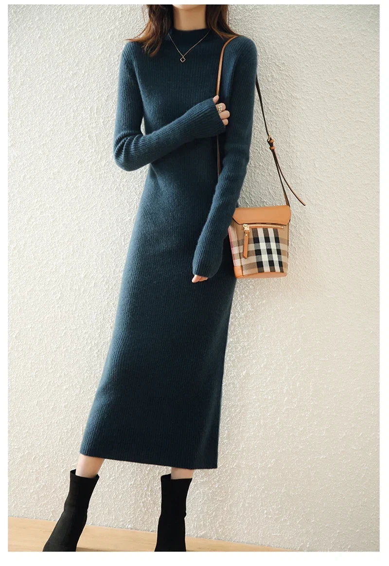 Robe Midi Côtelée col Montant Femme
