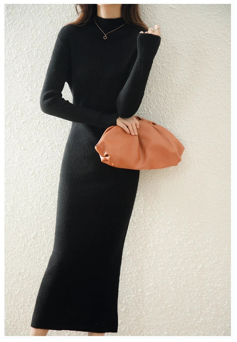 Robe Midi Côtelée col Montant Femme