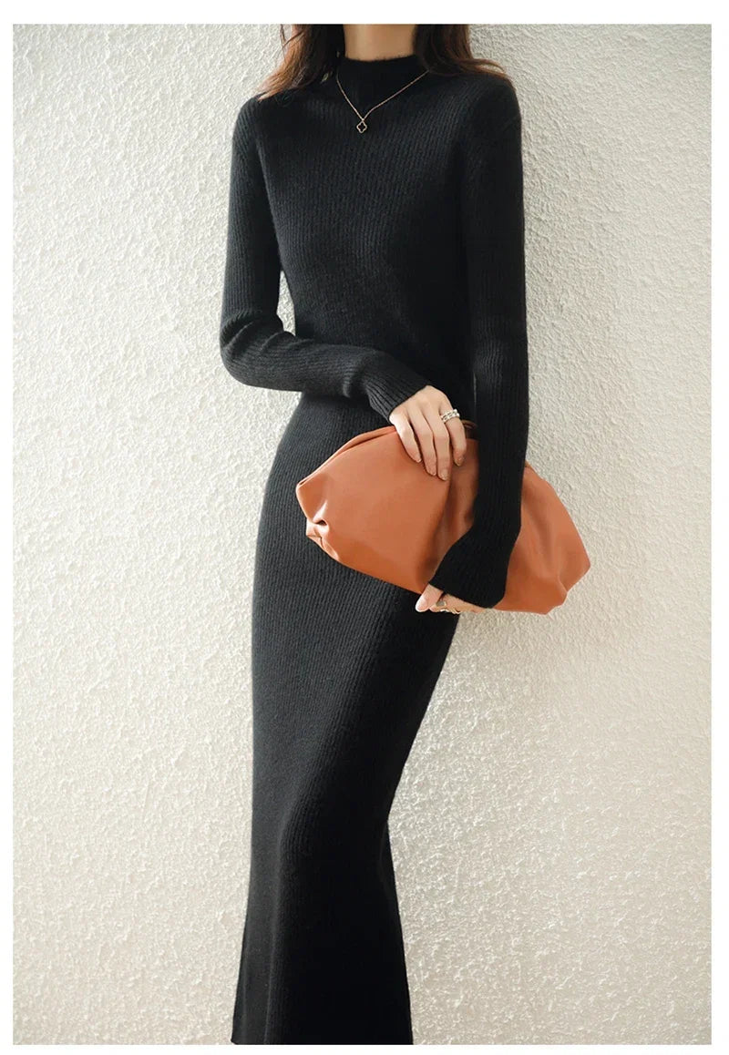 Robe Midi Côtelée col Montant Femme