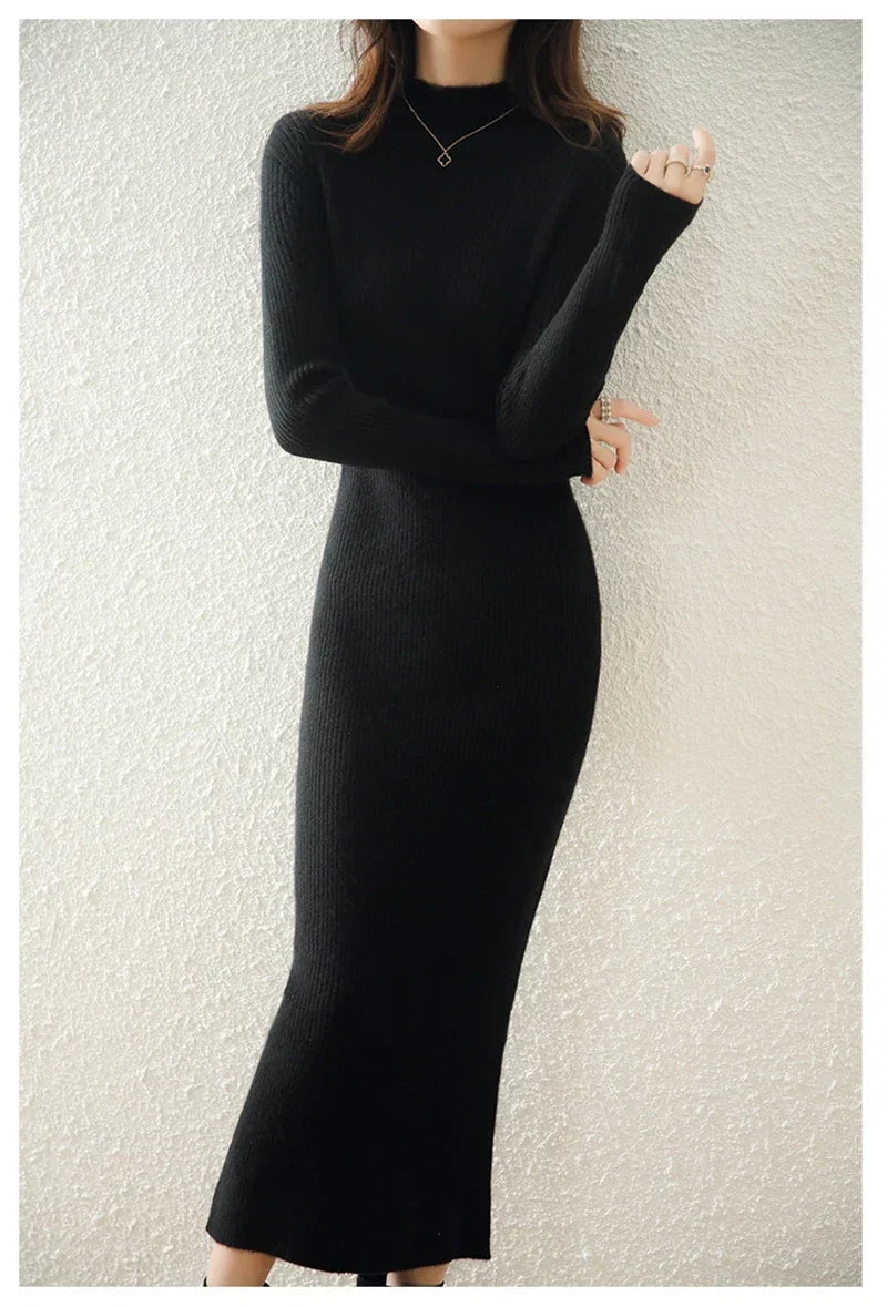 Robe Midi Côtelée col Montant Femme