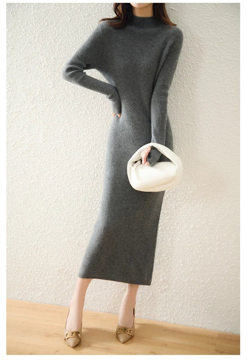 Robe Midi Côtelée col Montant Femme
