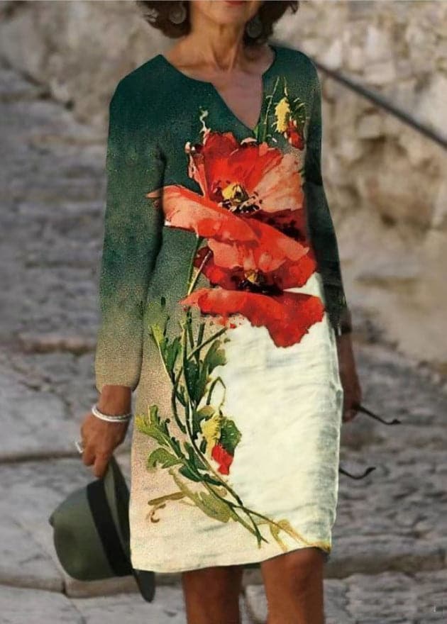 Robe Droite Fleurie à Manches Courtes Femme