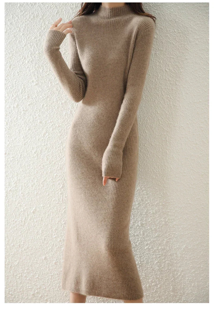 Robe Midi Côtelée col Montant Femme