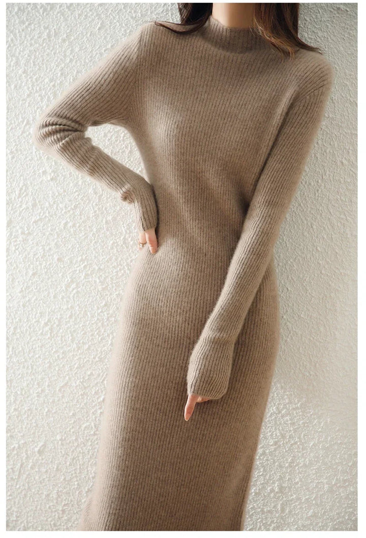 Robe Midi Côtelée col Montant Femme
