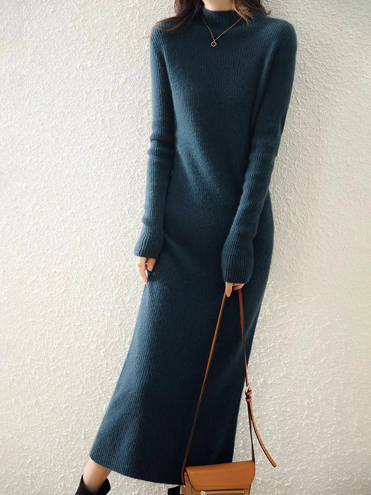 Robe Midi Côtelée col Montant Femme