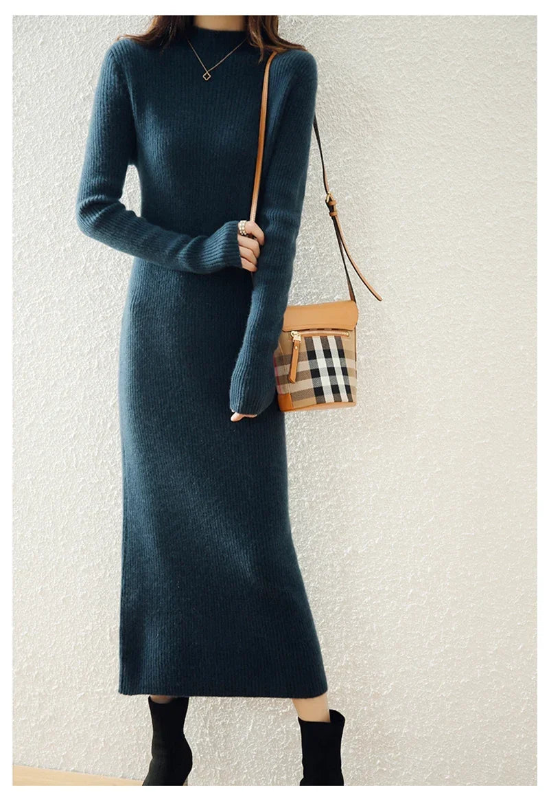 Robe Midi Côtelée col Montant Femme
