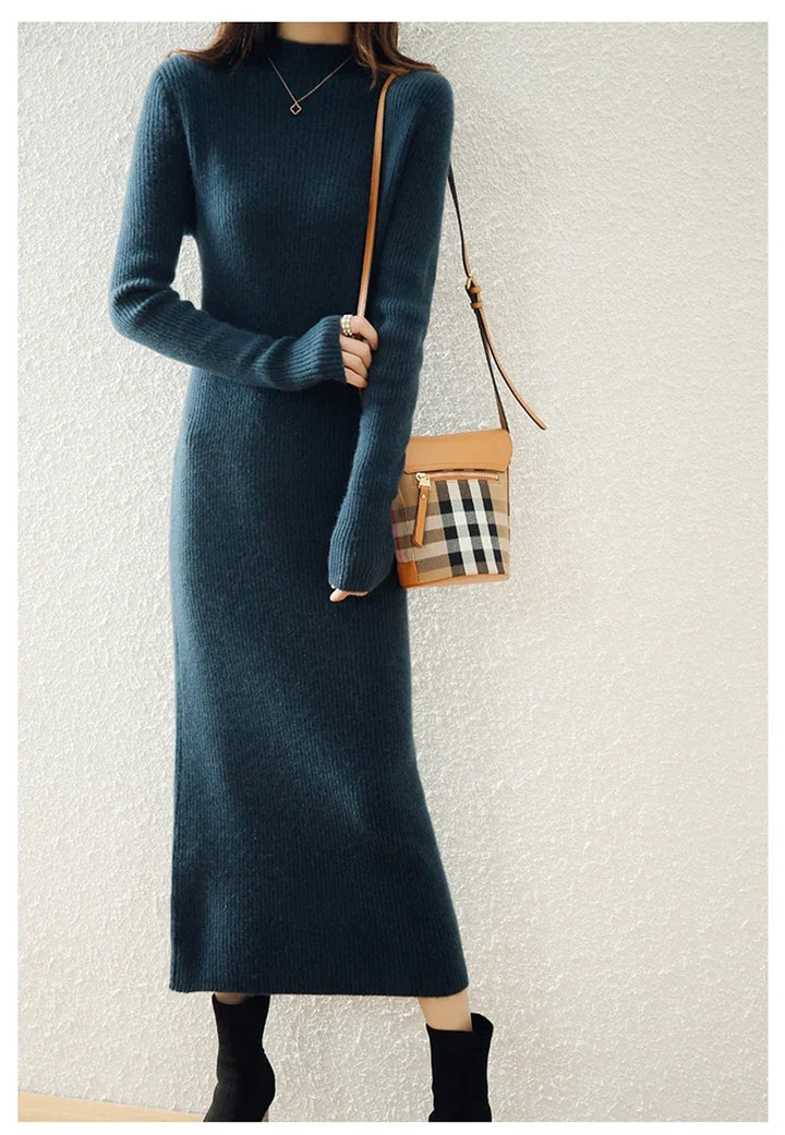 Robe Midi Côtelée col Montant Femme